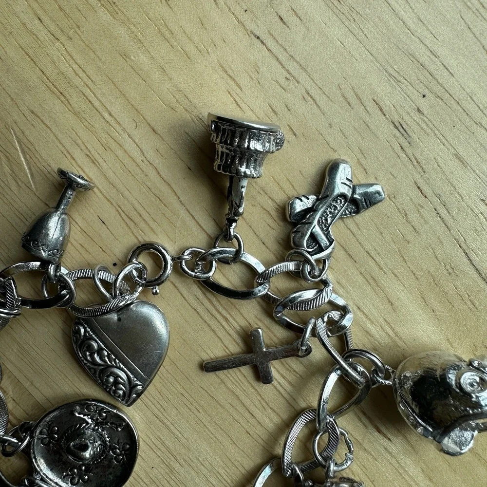 VTG Charm‎ Bracelet 6.5 Inch Sport Western Cross Heart Travel 925 Sterling 37.6g